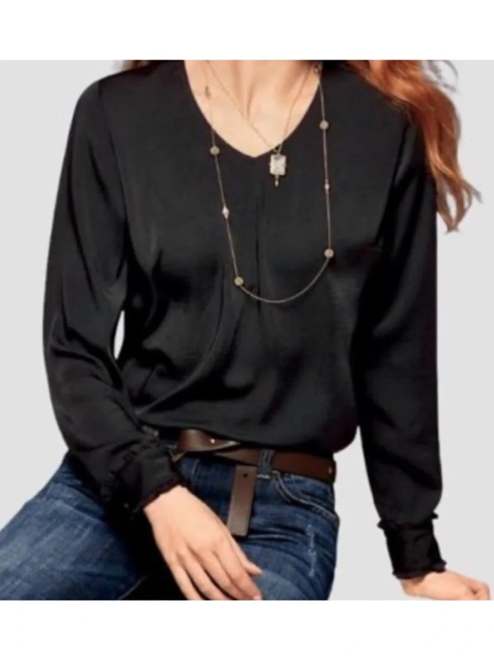 CAbi Classic Blouse Shirt Pullover V-Neck Long Sleeve Black Size Large